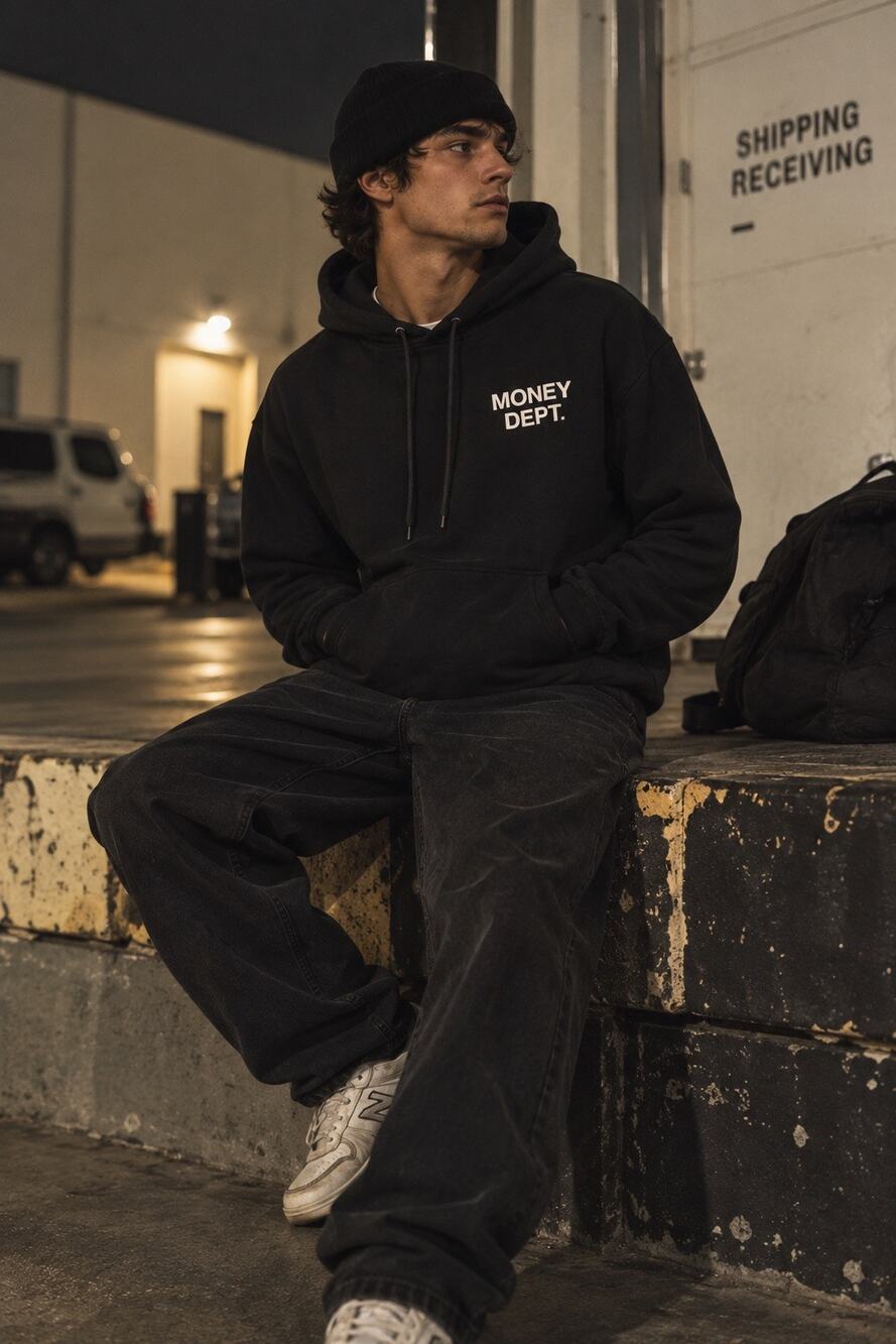 Money Dept Los Angeles Classic Oversized Hoodie Black Heavyweight Streetwear Med
